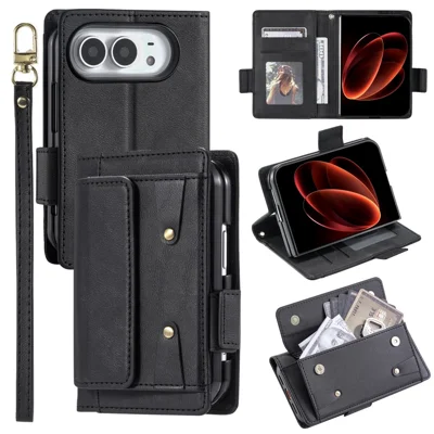 Funda tipo cartera retro para iPhone Duo, carcasa abatible de cuero PU + PC con correa de mano - Negro