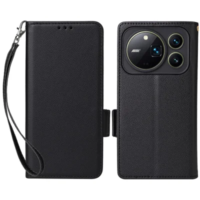 For Honor Magic9 Pro Max 5G Case Litchi Texture Wallet Leather Phone Cover with Wrist Strap - Black