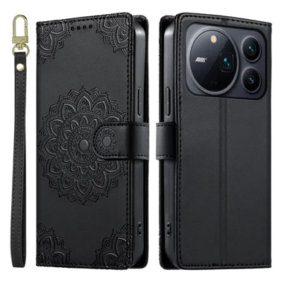 For Honor Magic9 Pro Max 5G Case Embossed Totem Leather Flip Wallet Phone Cover with Wrist Strap - Black