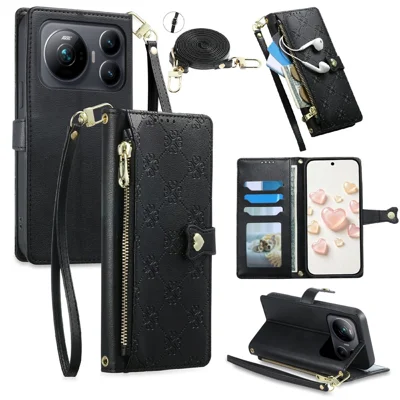 For Honor Magic9 5G Leather Case Hearts Imprint Zipper Pocket Wallet Phone Cover with Short and Long Straps - Black