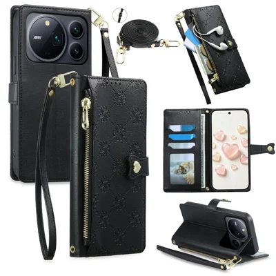 For Honor Magic9 Pro Max 5G Leather Case Hearts Imprint Zipper Pocket Wallet Phone Cover with Short and Long Straps - Black