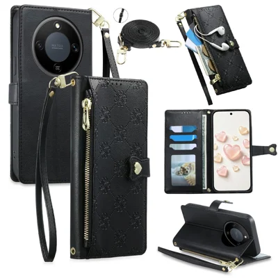 Leather Case For Honor Magic8 Lite 5G  /  X9d 5G  /  X70 5G Hearts Imprint Zipper Pocket Wallet Phone Cover with Short and Long Straps - Black