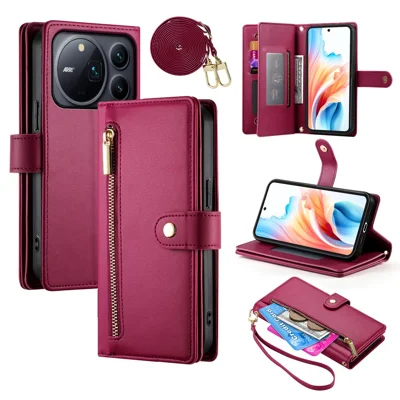 For Honor Magic9 Pro Max 5G Leather Case Zipper Pocket Wallet Phone Cover with Straps - Red