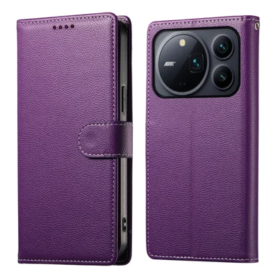 For Honor Magic9 Pro Max 5G Case Magnetic Snap Litchi Texture Leather Wallet Phone Cover with Wrist Strap - Purple