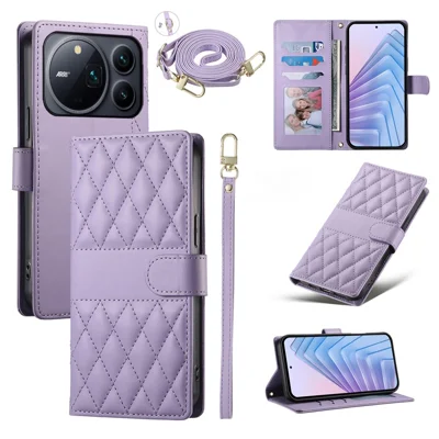 For Honor Magic9 Pro Max 5G Wallet Case Rhombus Stitching Stand Leather Phone Cover with Long  /  Short Strap - Purple