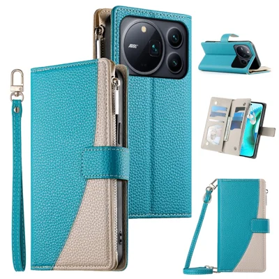 For Honor Magic9 Pro Max 5G Leather Case Wallet Color Splicing Flip Phone Cover with Straps - Lake Blue