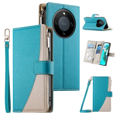Etui skórzane na Honor Magic8 Lite 5G / X9d 5G / X70 5G, etui z portfelem i klapką z przekładkami kolorystycznymi z paskami - niebieski jeziora