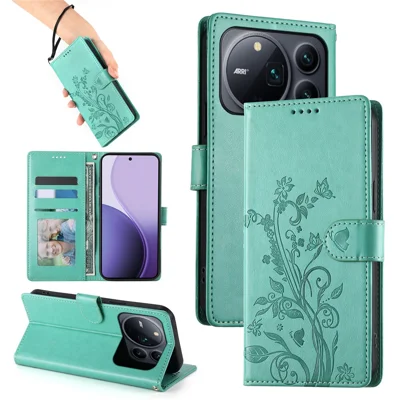 For Honor Magic9 Pro Max 5G Wallet Case Butterfly Floral Imprint PU Leather Phone Cover with Wrist Strap - Green