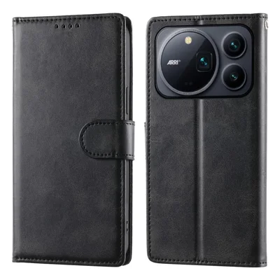 For Honor Magic9 Pro Max 5G Phone Case Stand Wallet Calf Texture PU Leather Flip Phone Cover with Wrist Strap - Black