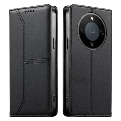 Plånboksfodral med ställfot till Honor Magic8 Lite 5G / X9d 5G / X70 5G, sammanfogat linjemönster, TPU och PU-läder, svart