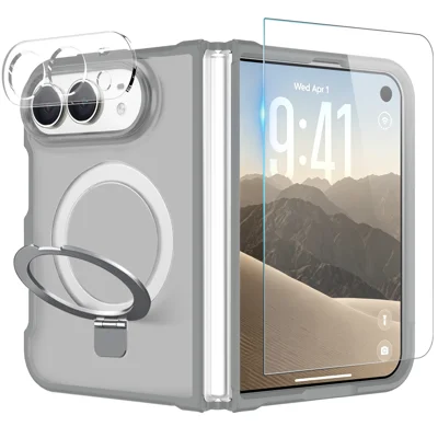  NORTHJO for iPhone Duo Magnetic Case with O-Ring Kickstand Translucent Matte Phone Cover with Tempered Glass Film + Lens Film - Gray
