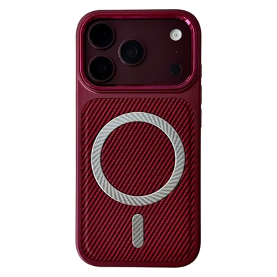 For iPhone 18 Pro Max  /  17 Pro Max Magnetic Case Carbon Fiber Texture Metal Camera Frame TPU + PC Phone Cover - Wine Red