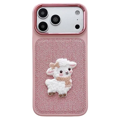 For iPhone 18 Pro Max  /  17 Pro Max Case Herringbone Woven Texture Lamb Embroidery Metal Camera Frame TPU + PC Phone Cover - Pink