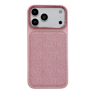 For iPhone 18 Pro Max  /  17 Pro Max Case Herringbone Woven Texture Electroplated Metal Camera Frame TPU + PC Shockproof Phone Cover - Pink