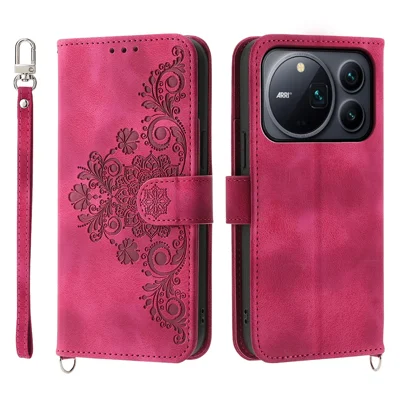 For Honor Magic9 Pro Max 5G Wallet Case Flower Pattern PU Leather Phone Cover with Strap - Wine Red