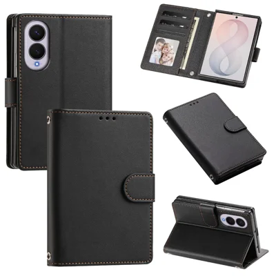  For Samsung Galaxy Z Fold8 Leather Case Wallet Stand Phone Cover with Wrist Strap - Black