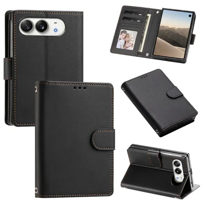  For iPhone Duo Leather Case Wallet Stand Phone Cover with Wrist Strap - Black