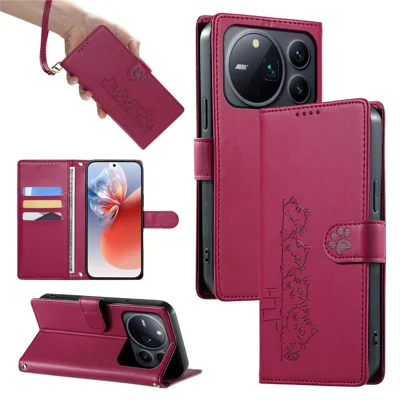 For Honor Magic9 Pro Max 5G Case Adorable Cat Pattern PU Leather Wallet Phone Cover with Wrist Strap - Rose