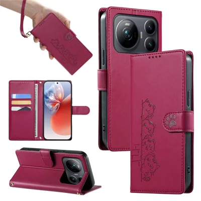 For Honor Magic9 5G Case Adorable Cat Pattern PU Leather Wallet Phone Cover with Wrist Strap - Rose
