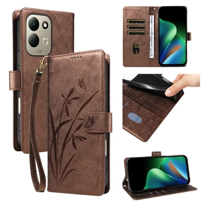  For Xiaomi Redmi 17 5G / Xiaomi Redmi 17 4G Wallet Case Orchid Butterfly Imprinted Pattern Flip Stand Leather Phone Cover with Wrist Strap - Brown