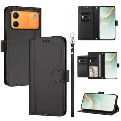 Für TECNO Spark 50C 4G Hülle 9 Kartenfächer PU-Leder Flip Brieftaschen-Handyhülle mit Handgelenkband - Schwarz