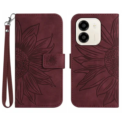 Capa para Telemóvel Honor X6e 4G / Honor X7e 4G com Impressão de Girassol, Carteira em Pele com Suporte e Alça de Pulso - Vermelho Vinho