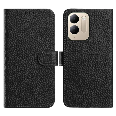  Für Xiaomi Poco C95 Pro Hülle Brieftasche Ständer Leder-Optik Echtes Rindsleder Kipp-Handyhülle - Schwarz