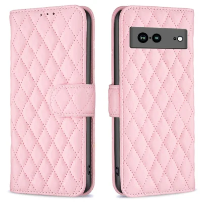 BINFEN COLOR BF Style-14 Anti-fall Phone Case For Google Pixel 7a Imprinted Rhombus Pattern PU Leather Wallet Stand Magnetic Closure Flip Folio Phone Cover - Pink