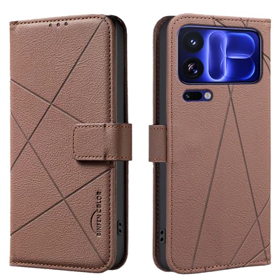  BINFEN COLOR for Xiaomi 18 Pro Max BF35 Case Geometry Imprinted Leather Phone Cover RFID Blocking Wallet Stand - Brown