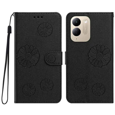 Für Xiaomi Poco C95 Pro Daisy Muster PU Leder Brieftasche Handyhülle mit Handschlaufe - Schwarz