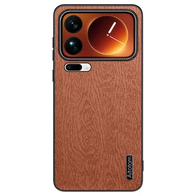 For Xiaomi 18 Pro Max Case Wood Texture PU Leather Coated PC TPU Phone Cover - Brown