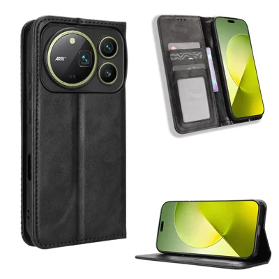  For Honor Magic9 Pro Max 5G Leather Case Wallet Stand Retro Texture Phone Cover - Black