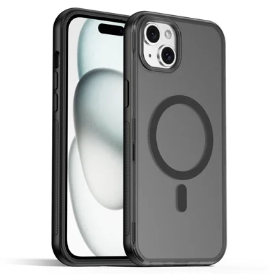 For iPhone 15 Magnetic Case Translucent Matte Skin Touch PC + TPU Phone Back Cover - Black