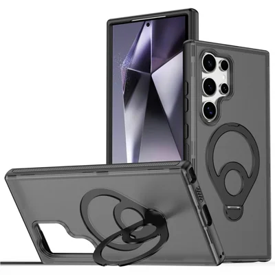 For Samsung Galaxy S23 Ultra / S22 Ultra 5G Magnetic Case Tennis Racket Style Kickstand Translucent Matte Skin Touch PC + TPU Phone Back Cover - Black