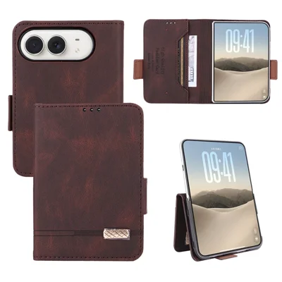 For iPhone Duo Case Leather Wallet Flip Phone Cover with Hardware Decor - Coffee