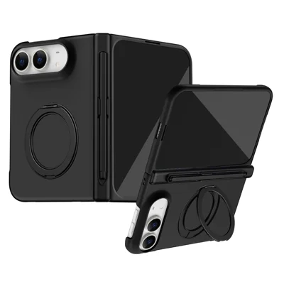 For iPhone Duo Case Rotary Kickstand PC Phone Cover with Tempered Glass Screen Protector / Stylus - Black