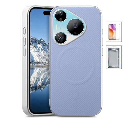 For Huawei Pura 90 Pro Max Magnetic Case with Tempered Glass Screen Protector Carbon Fiber Texture Phone Back Cover - Light Purple