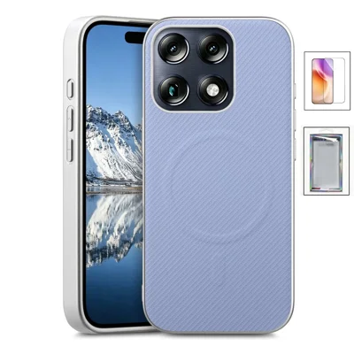 For Motorola Moto X70 Air Pro 5G Magnetic Case with Tempered Glass Screen Protector Carbon Fiber Texture Phone Back Cover - Light Purple