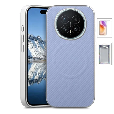For Honor Magic8 Pro 5G Magnetic Case with Tempered Glass Screen Protector Carbon Fiber Texture Phone Back Cover - Light Purple