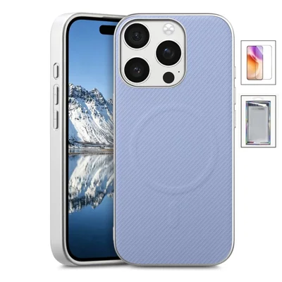 For iPhone 15 Pro Magnetic Case with Tempered Glass Screen Protector Carbon Fiber Texture Phone Back Cover - Light Purple