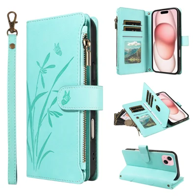  For iPhone 15 Wallet Case 9 Card Slots Zipper Pocket Foldable Stand Imprint Orchid Pattern Leather Phone Cover with Wrist Strap - Green