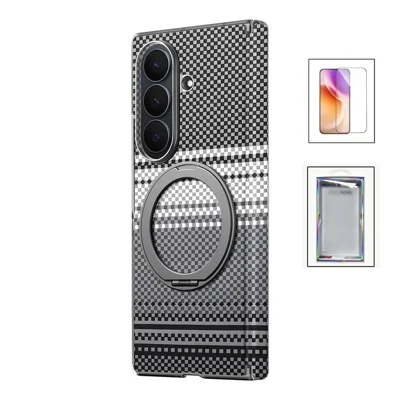 For Samsung Galaxy Z Fold8 Ultra Case with Tempered Glass Screen Protector Magnetic Kickstand Carbon Fiber Pattern Phone Cover - Black