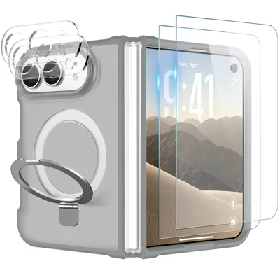  NORTHJO for iPhone Duo Magnetic Case Kickstand Translucent Matte Shockproof Phone Cover with 2Pcs Tempered Glass Protector + 2Pcs Lens Film - Gray