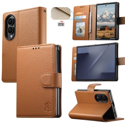 Cover per Samsung Galaxy Z Fold8 con Portafoglio in Pelle Scamosciata con Blocco RFID - Marrone
