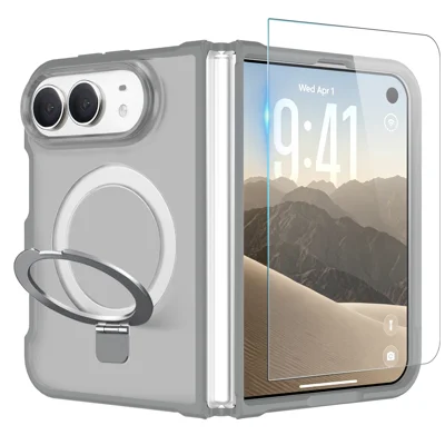 NORTHJO voor iPhone Duo Magnetische Hoes O-Ring Standring Transparante Matte PC + TPU Telefoonhoes met Gehard Glas Folie - Grijs
