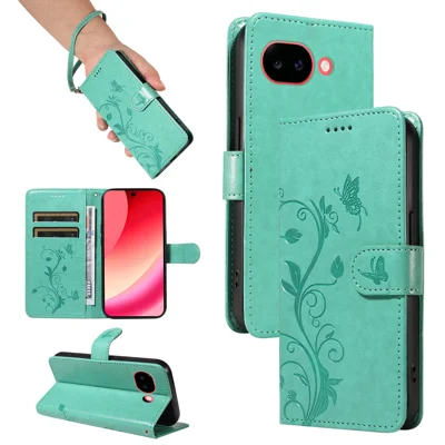  For Google Pixel 11a PU Leather Cases Flower Pattern Wallet Stand Phone Cover with Strap - Green
