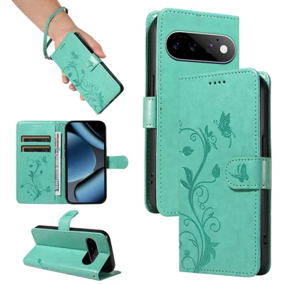  For Google Pixel 11 Pro PU Leather Cases Flower Pattern Wallet Stand Phone Cover with Strap - Green