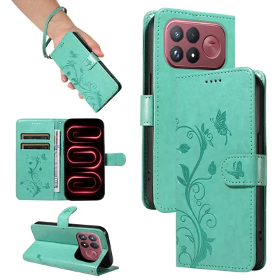 Voor Xiaomi Poco F8 Ultra / Xiaomi Redmi K90 Pro Max 5G / Xiaomi Redmi K100 Pro Max 5G (China) / Xiaomi Poco F9 Ultra 5G PU Leren Hoesjes met Bloemenpatroon Portemonnee Stand Telefoonhoes met Strap - Groen