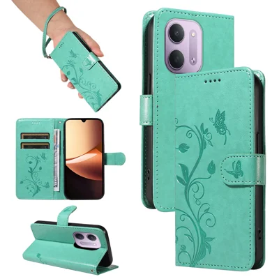  For Xiaomi Redmi 17C 5G PU Leather Cases Flower Pattern Wallet Stand Phone Cover with Strap - Green