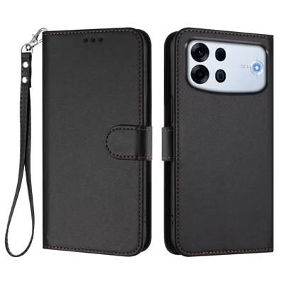  Funda de Cuero para Oppo A7 Pro Max 5G, Funda Tipo Cartera con Soporte y Correa de Muñeca - Negra